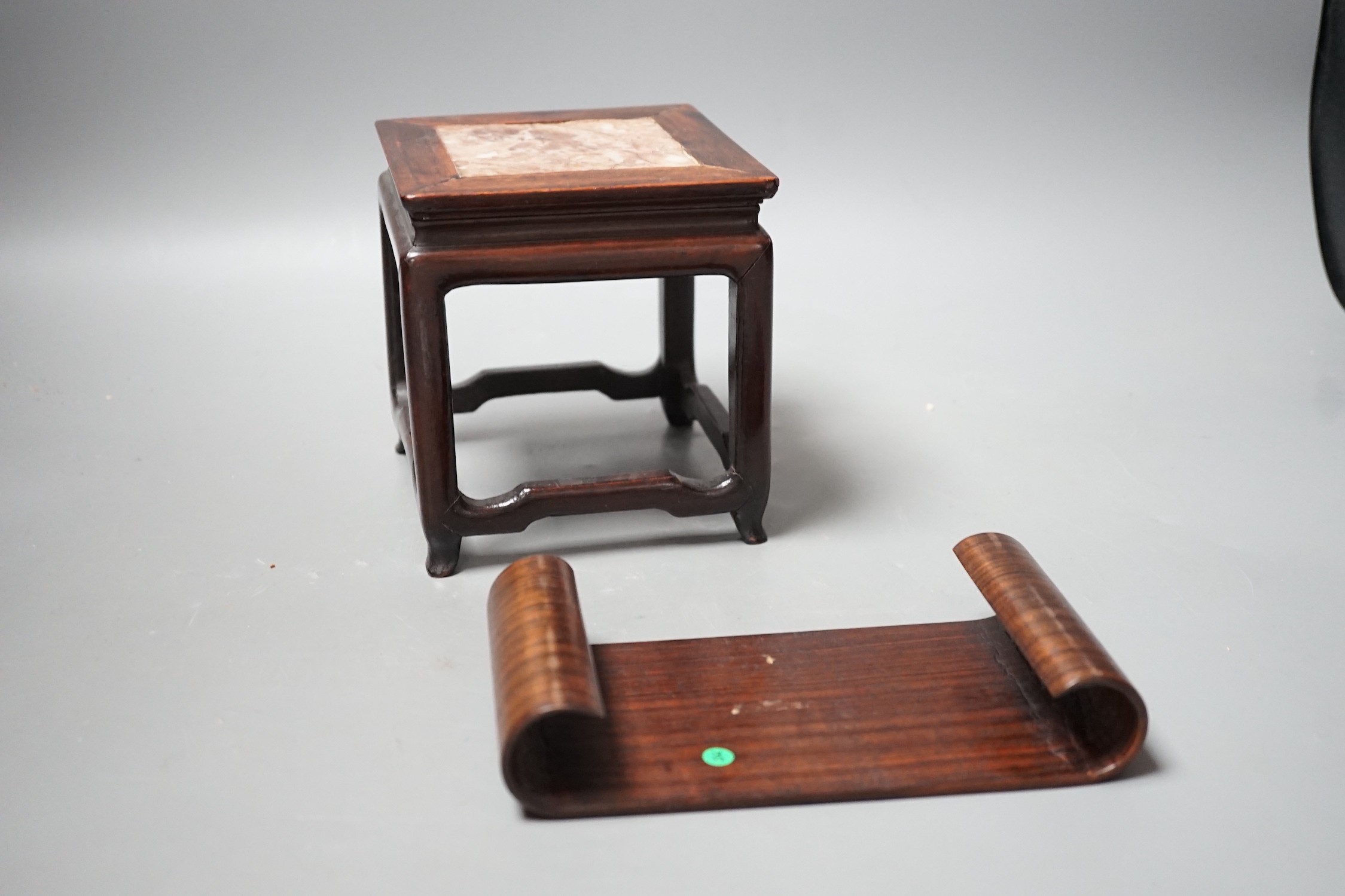 Two Chinese hardwood stands, one inset with marble, 13cms high